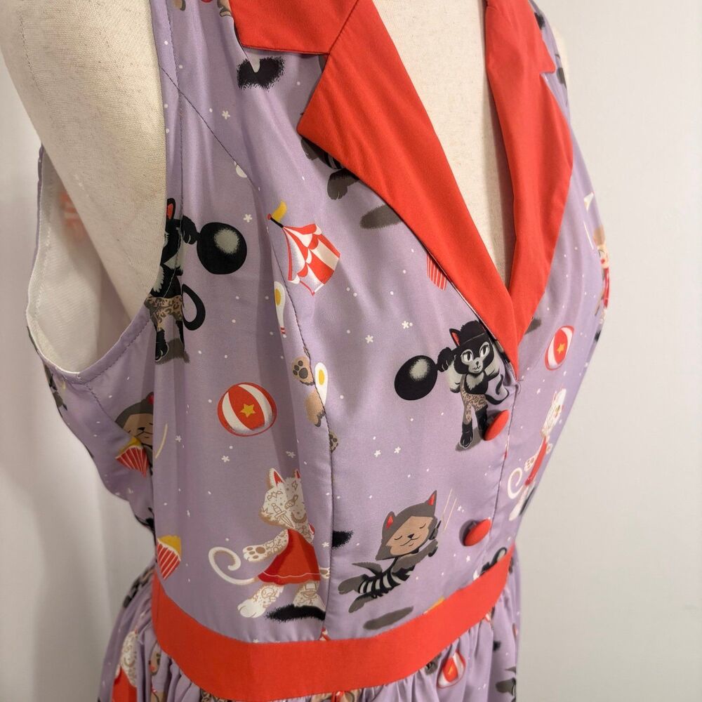 Sourpuss Circus Cats June Swing Dress Sz XL Purple - Picture 3 of 7